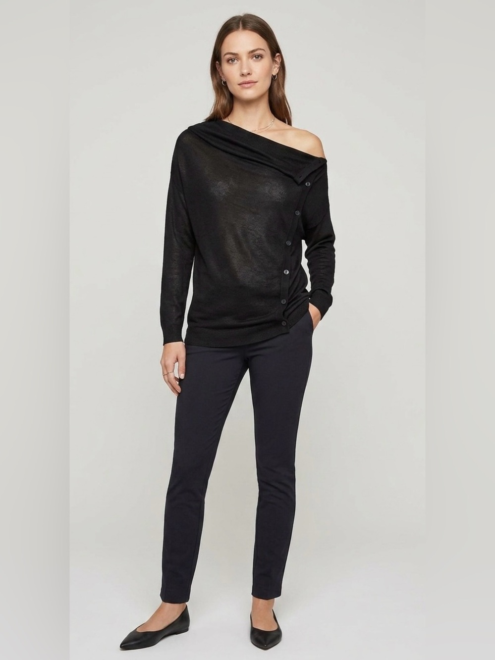 BCBG MaxAzria Black Asymmetric Drape Shoulder Button Knit Cardigan Sweater